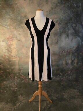 Venus Fit And Flare Black White Color Block Stripes Vneck Sz6